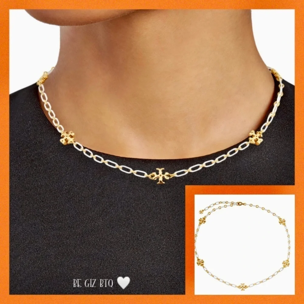 🆕Tory Burch Authentic Roxanne-Gold-Plated & Ivory Acrylic Logo Chain Necklace